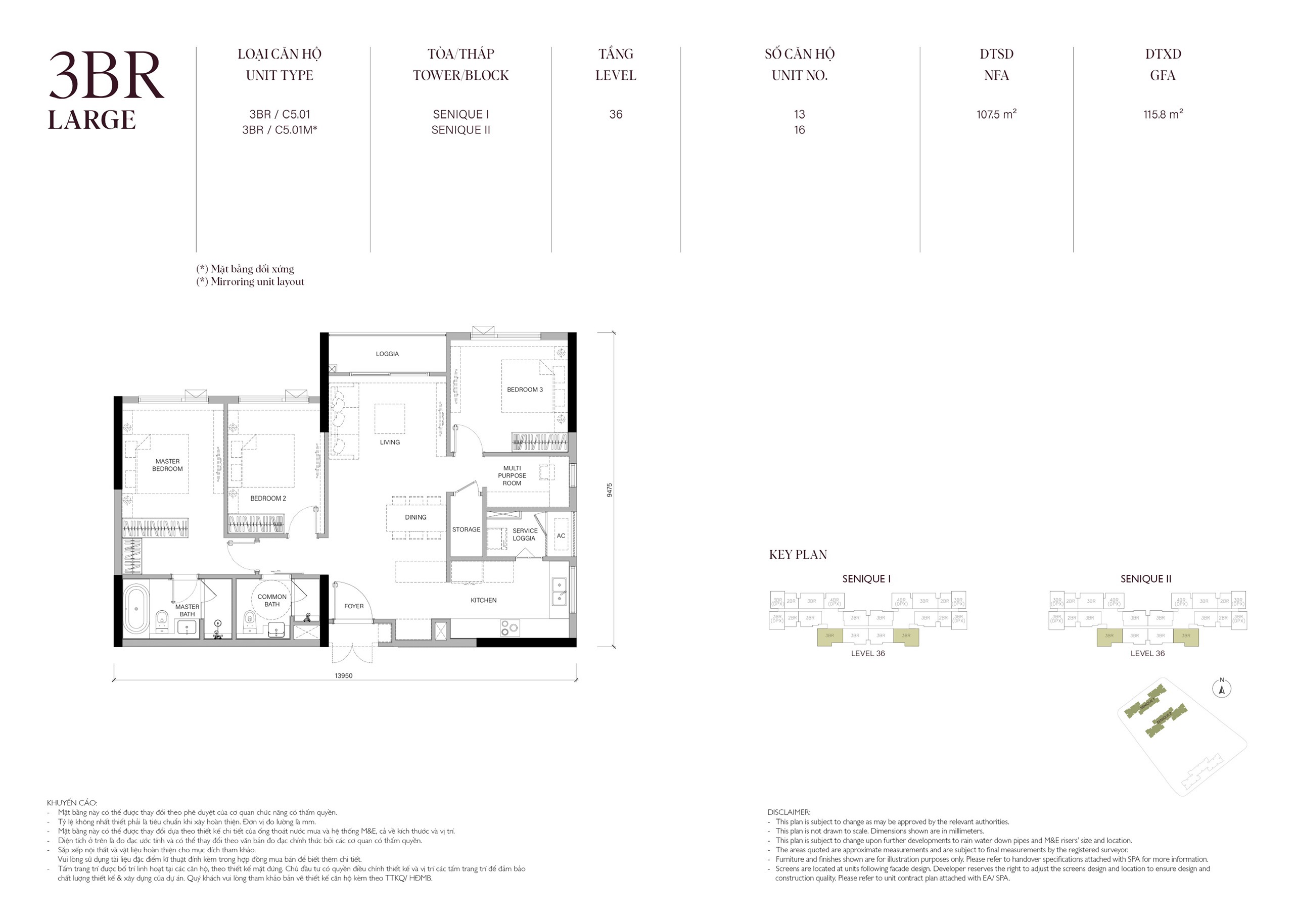 Mặt bằng căn 107,5m2 The Senique Hanoi