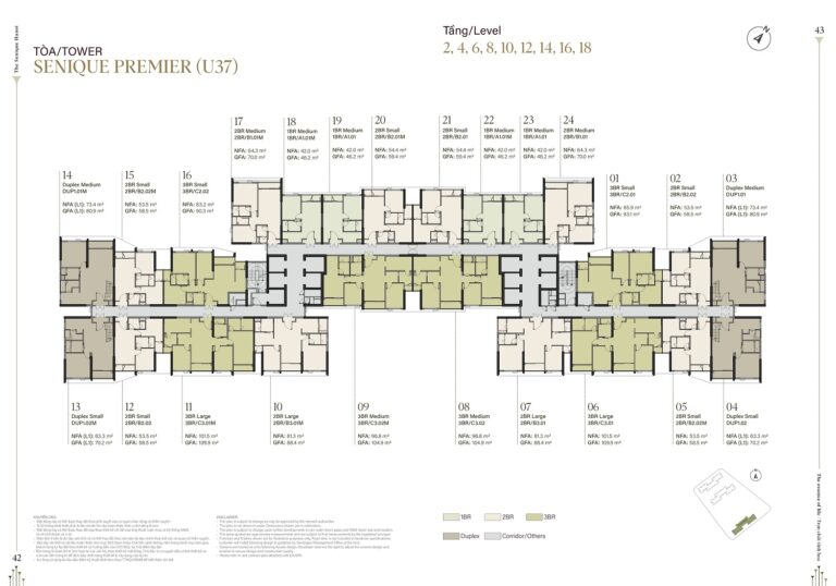 Mặt bằng tòa Senique 3 tầng 2, 4, 6, 8, 10, 12, 14, 16, 18 (The Senique Premier)