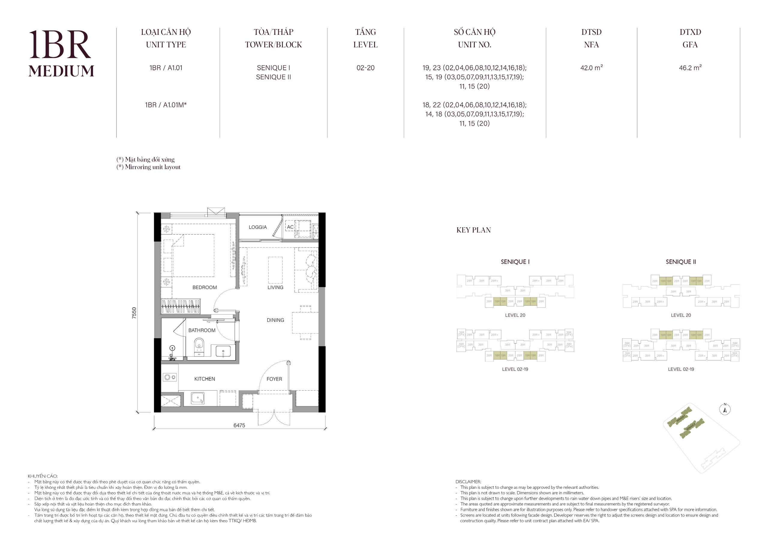 Mặt bằng căn hộ 42m2 The Senique Hanoi